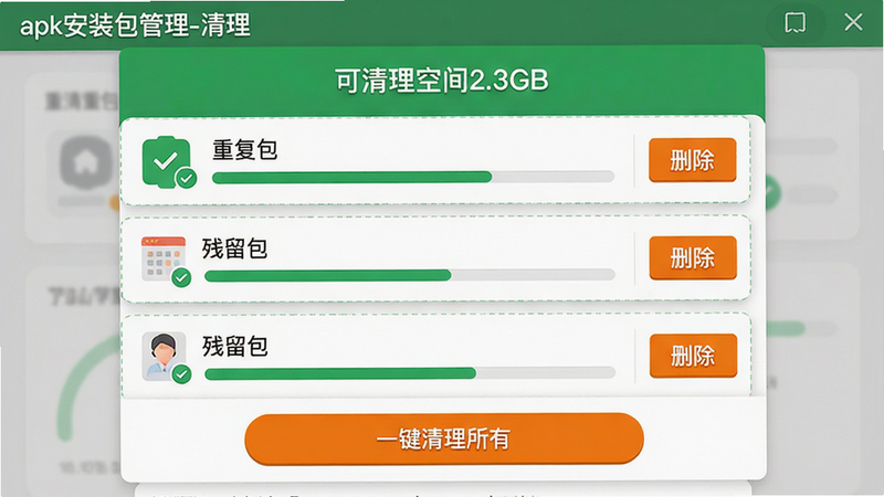 ���壺�������ҳ�棬���֣�������ʾ���������ռ�2.3GB�����·��б��г��ظ�������������ÿ����Ŀ��ɾ����ť���Ű棺�б�����������ʾռ�ñ�������񣺿�Ƭʽ����ɫΪ��ɫ����ȫ��ʾ����ϸ�ڣ��ײ��С�һ���������С���ɫ��ť�����ʣ�ϸ�壬����㡣���֡�apk��װ������-������