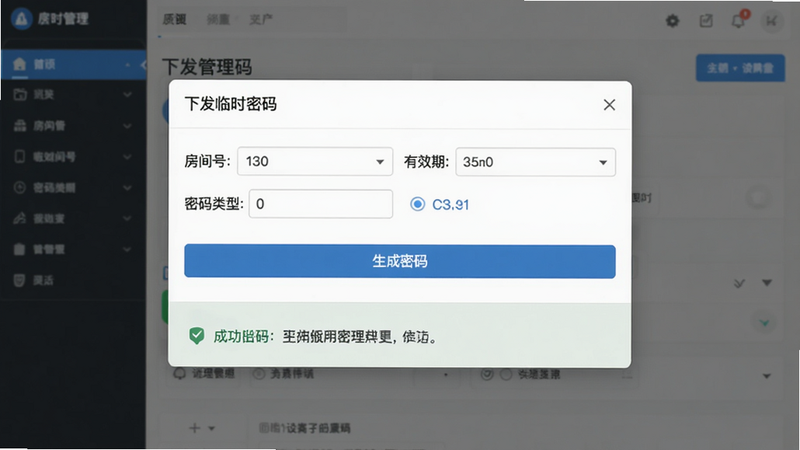 主体为后台管理界面截图,布局显示“下发临时密码”弹窗,包含房间号、有效期、密码类型选项,风格UI简洁,细节包括“生成密码”按钮及成功提示,画质干净无多余元素