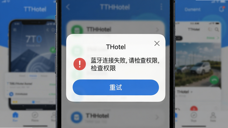主体为手机屏幕上显示TTHotel错误提示弹窗,布局居中,弹窗内容为“蓝牙连接失败,请检查权限”,背景为APP首页模糊,风格UI模拟,细节包括红色感叹号图标与“重试”按钮,画质高清干净无多余元素