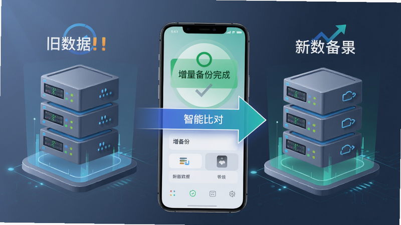微记录一键备份快 增量备份示意图,左侧为旧数据,右侧为新数据,中间箭头表示智能比对,手机界面显示“增量备份完成”提示,风格科技感,干净构图