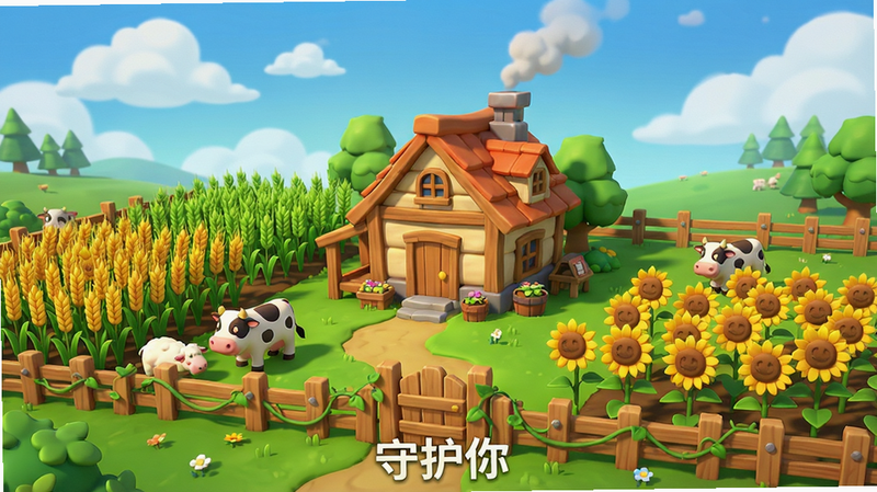 展示《守护你》游戏全景画面,主体为一座生机勃勃的农场,中央有温馨的小木屋,四周分布着绿油油的麦田、盛开的向日葵花田、悠闲吃草的牛羊,天空湛蓝,白云朵朵,布局疏密有致,卡通渲染风格,色彩明亮柔和,细节丰富如栅栏上的藤蔓、屋顶的烟囱,画质高清,干净无多余元素,画面底部有游戏名称“守护你”水印