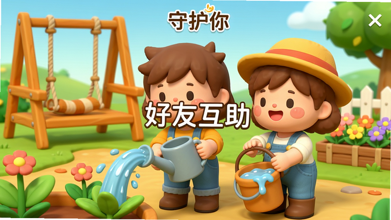 展示《守护你》好友互助界面,主体为两个卡通角色在农场中一起给植物浇水,背景有秋千和花坛,布局采用平视角度,突出人物互动,风格温馨可爱,色彩明亮,细节包括角色的笑容、水桶中的水花,画质高清,干净无多余元素,画面中间有“好友互助”字样