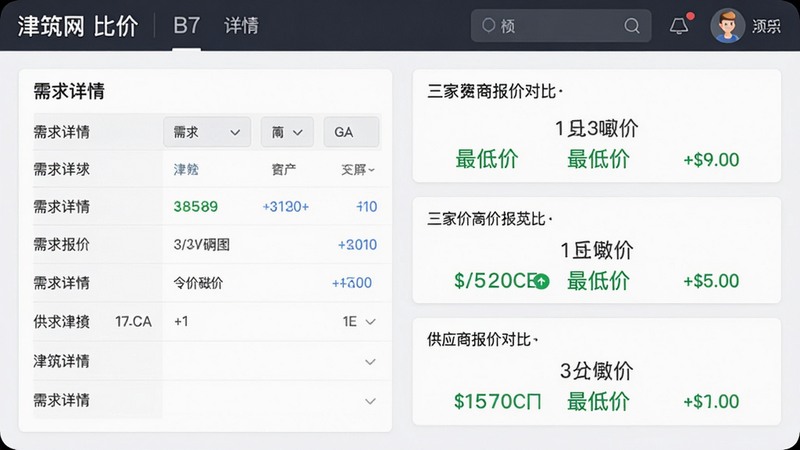 主体:津筑网“比价”界面,布局:左右分屏,左侧为需求详情,右侧为三家供应商报价对比卡片,风格:简约数据可视化,细节:卡片上用绿色字体标注“最低价”,画质:高清,干净,无多余元素