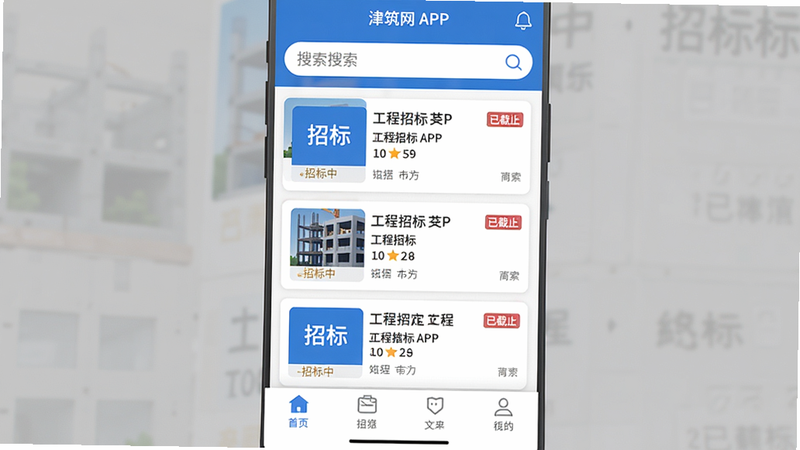 主体:津筑网APP主界面,展示工程招标列表,布局:上下结构,顶部搜索栏,中间卡片式信息流,底部四个导航图标,风格:扁平化、蓝白配色,细节:卡片上有“招标中”“已截止”标签,画质:高清,干净,无多余元素