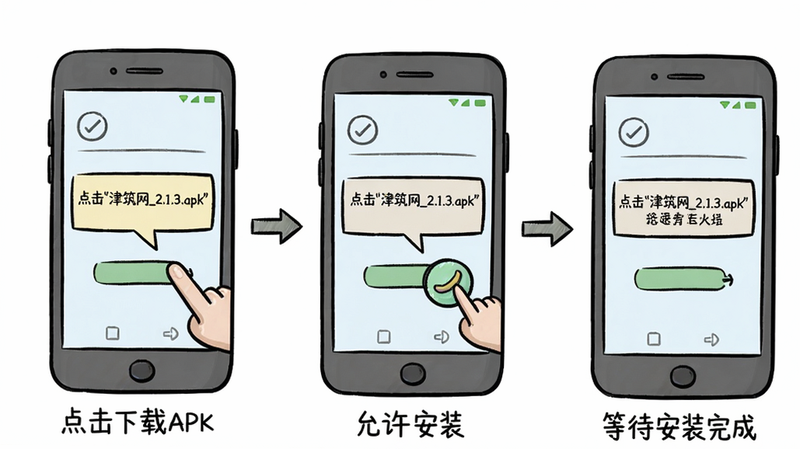 主体:津筑网安装步骤示意图,布局:从左到右三步,第一步点击下载APK,第二步点击允许安装,第三步等待安装完成,风格:卡通手绘风格,细节:手机屏幕上显示操作提示文字,如“点击‘津筑网_2.1.3.apk’”,画质:高清,干净,无多余元素