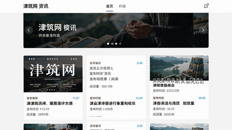主体:津筑网“资讯”栏目界面,布局:顶部轮播图,下方为文章列表卡片,风格:杂志风,细节:封面图、标题、发布时间、阅读量,画质:高清,干净,无多余元素