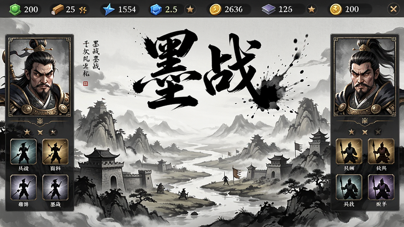 主体:墨战游戏主界面,布局:中央是战场景观,左右两侧有武将头像和兵种图标,上方显示资源数量,排版:整洁清晰,风格:水墨国风,细节:毛笔字体“墨战”标题,墨迹飘散,画质:高清,干净无多余元素