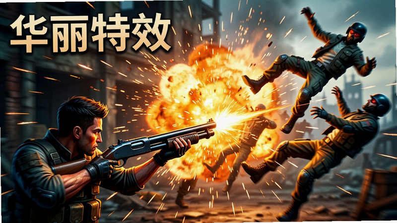 主体:角色使用散弹枪击杀一群敌人,爆炸火花四溅,屏幕震动模糊效果。布局:角色在左下,敌人被击飞。排版:突出爆炸中心和粒子效果。风格:史诗级动作片风格,高饱和度,细节丰富,画质顶尖。文字:“华丽特效” 战斗截图
