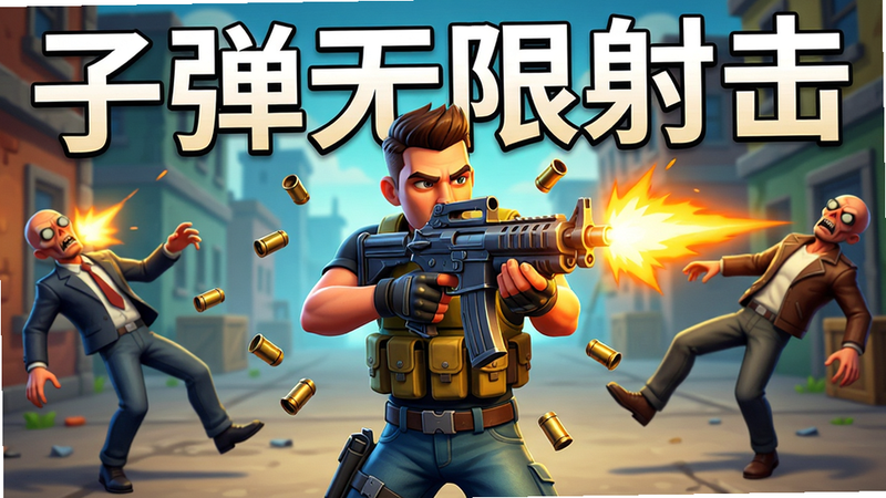 主体:游戏主界面截图,展示角色持枪射击,弹壳飞溅,敌人倒下。布局:中央角色,左右两侧敌人。排版:角色突出,枪口火焰特效。风格:写实卡通混合,色彩鲜艳,细节丰富,画质高清,干净无多余元素。文字:“子弹无限射击” 预览图