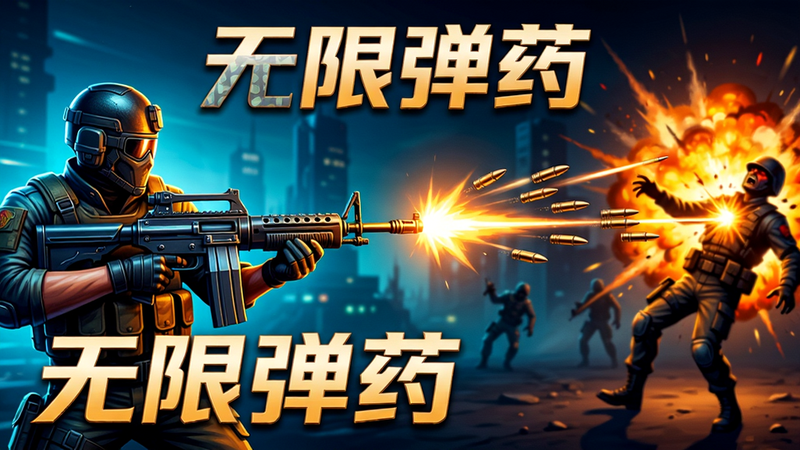 主体:角色手持机枪连续射击,子弹轨迹形成光线,敌人被击中爆炸。布局:角色位于左侧,子弹光效贯穿画面至右侧敌人。排版:清晰展示子弹无限的概念。风格:动态、高对比度、色彩明亮,画质细腻,干净。文字:“无限弹药” 特效展示