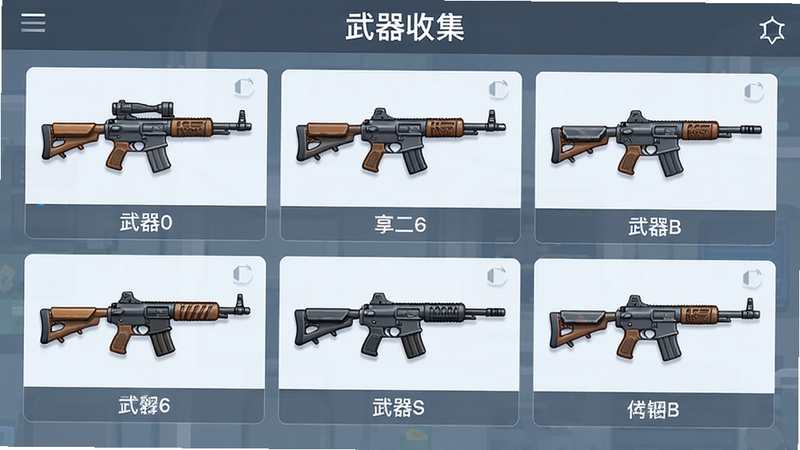 主体:武器库界面,排列多把不同枪械,每把枪下标注名称。布局:网格排列,三行三列。排版:每把枪细节清晰,图标精美。风格:UI界面风格,扁平化设计,干净明亮,画质高。文字:“武器收集” 界面预览