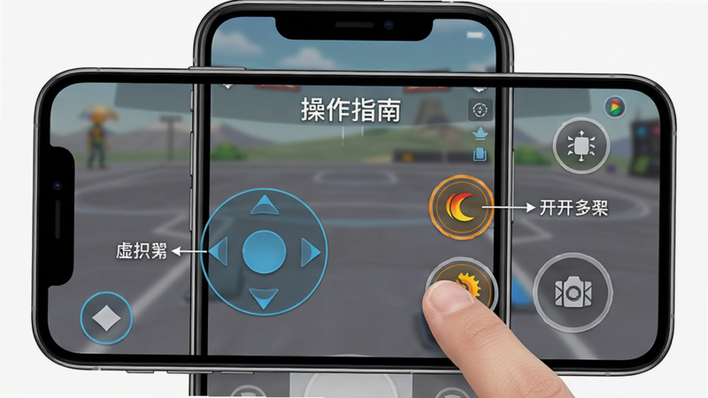 主体:操作界面示意图,显示虚拟摇杆和开火按钮,玩家手指位置。布局:手机屏幕实机截图,标注按钮功能。排版:清晰的UI元素。风格:简洁明了,背景半透明,突出重点。画质高清,干净。文字:“操作指南” 示意图