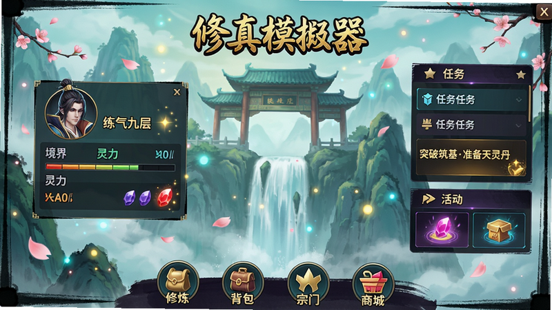 主体:修真模器游戏主界面,背景是仙气缭绕的山门与飞瀑,左侧悬浮着角色属性面板(境界、灵力、灵石数量),右侧是任务列表与活动入口。布局:居中对称,顶部有“修真模器”烫金logo,底部设置修炼、背包、宗门、商城四个图标按钮。排版:清晰分区,UI简洁明快,带有水墨画风边框。风格:国风水墨与赛博朋克结合,色彩以青绿、金色、暗紫为主,光照柔和,粒子特效(飘落的桃花瓣、灵力光点)。细节:角色头像旁有“练气九层”字样,灵石数字带有动态闪烁,任务栏显示“突破筑基准备天灵丹”。画质:8K超清,干净无多余元素,无广告。