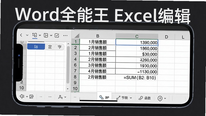 主体:一部手机横屏展示Word全能王编辑Excel表格的界面。布局:左侧为单元格编辑栏,右侧为数据表格,底部有函数快捷按钮。排版:横屏优化布局,表格行高列宽显示清晰。风格:模拟真实办公场景,带有网格线。细节:表格中数据为“1月销售额”、“2月销售额”等中文内容,且有公式显示“=SUM(B2:B10)”。画质:8K超清,干净无多余元素,背景为深灰。图片文字需包含“Word全能王 Excel编辑”字样。