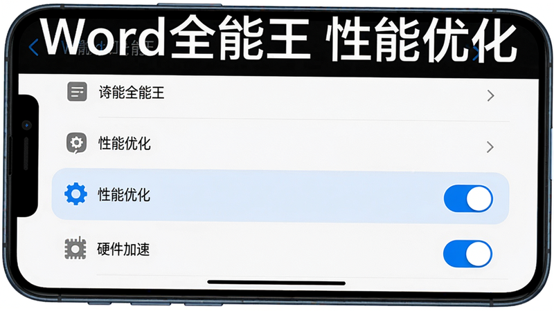 主体:一部手机横屏显示Word全能王设置界面,高亮“性能优化”选项。布局:上方为设置菜单列表,下方有“硬件加速”开关。排版:列表式布局,每项有图标和文字。风格:系统设置风格,简洁。细节:开关为蓝色开启状态。画质:4K超清,干净无多余元素,背景纯白。图片文字需包含“Word全能王 性能优化”字样。