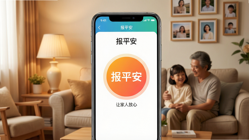 主体:一个温馨的家庭客厅场景,中央有一部手机屏幕显示“报平安”应用主界面,界面有一个大大的圆形按钮写着“报平安”。布局:手机居中,背景是柔和的暖色调家居环境,沙发、台灯、照片墙。排版:手机屏幕清晰显示应用界面元素,按钮色彩醒目。风格:清新写实风格,温暖治愈。细节:手机屏幕上有时间、电量等状态栏,按钮下方有小字“让家人放心”。画质:高清,干净无多余元素。