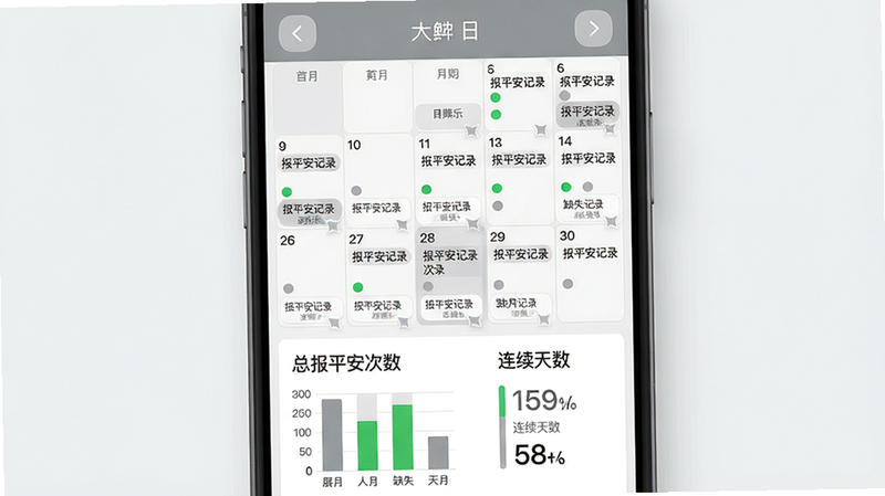 主体:手机屏幕显示一个月度日历视图,每天标注了报平安记录(绿点)和缺失记录(灰点)。布局:上方是月份切换箭头,下方是统计图表:总报平安次数、连续天数等。排版:数据用柱状图和数字清晰展示。风格:商务简约风格,灰白配色。细节:每个日期点可点击展开详情。画质:干净整洁。