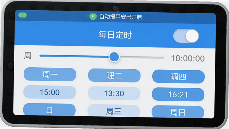 主体:一个日历时钟界面,显示每日定时报平安的设置页面。布局:上方有“每日定时”开关,下方列出周一到周日的时段选择。排版:时间滑块和星期按钮清晰排列。风格:扁平化设计,清新蓝色调。细节:状态栏显示“自动报平安已开启”的图标。画质:干净,无多余文字干扰。