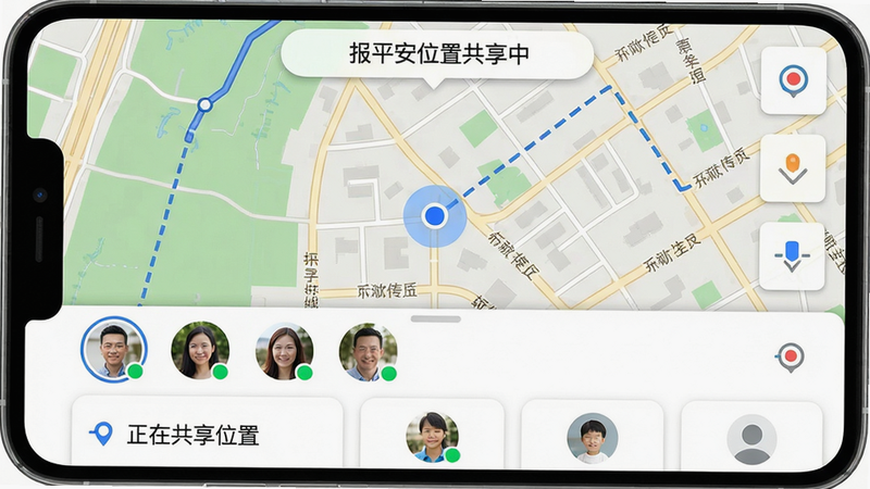 主体:地图界面显示一个移动的蓝色圆点代表用户位置,下方有家人头像列表。布局:地图占屏幕三分之二,底部是联系人卡片,显示“正在共享位置”。排版:路线用虚线标注,头像带绿色在线标记。风格:类似地图应用的写实风格,清晰标注街道。细节:屏幕顶端有“报平安位置共享中”的横幅。画质:高清,无多余元素。