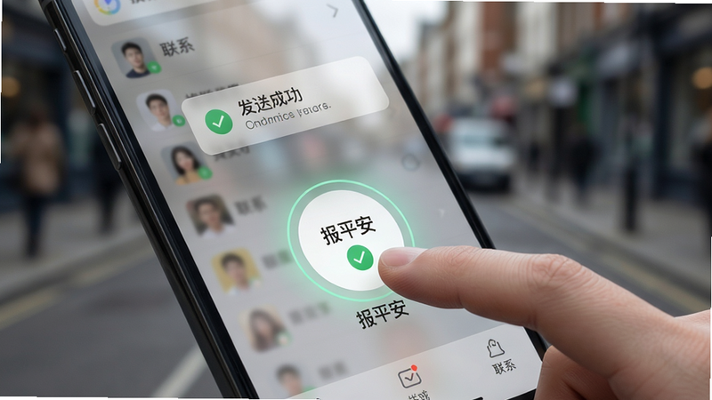 主体:一只手正在点击手机屏幕上的“报平安”按钮。布局:手机特写,手指悬停在圆形按钮上方,屏幕显示联系人列表和发送成功提示。排版:按钮突出,发送状态用绿色对勾表示。风格:极简现代风格,半透明UI。细节:按钮周围有微光效,背景是模糊的街道场景。画质:高分辨率,干净构图。