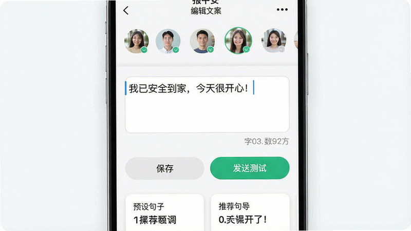 主体:报平安应用的编辑文案界面,输入框中显示“我已安全到家,今天很开心!”的示例文字。布局:上方是联系人头像列表,中间是大输入框,下方有“保存”和“发送测试”按钮。排版:输入框带字数统计。风格:简洁移动端UI。细节:底部有预设句子推荐卡片。画质:干净整洁。