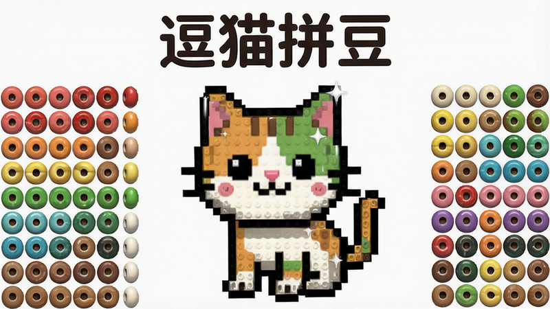一张展示逗猫拼豆主界面的截图,中央是一只由彩色像素豆拼成的卡通猫咪图案,背景为纯白色,界面顶部有“逗猫拼豆”字样,字体圆润。布局简洁,风格清新明亮,细节包括不同颜色的豆豆网格和已完成区域的光泽,画质高清干净,无多余元素。