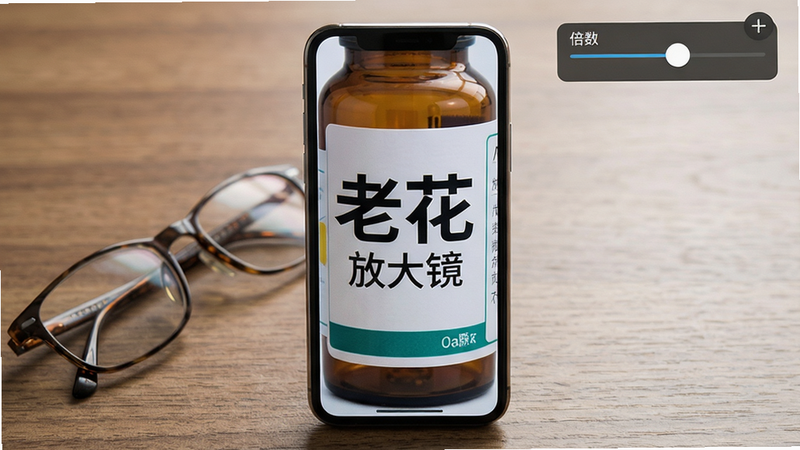 主体为一部手机屏幕显示放大的药瓶标签文字,文字清晰锐利,背景为木质桌面,手机旁边放着一副老花镜。布局:手机居中竖置,屏幕亮起,右上角有倍数调节滑块。排版紧凑,风格写实生活化,细节包括手机边框反光、字体边缘平滑,画质超清,干净无多余元素,图片文字标注“老花放大镜”字样。