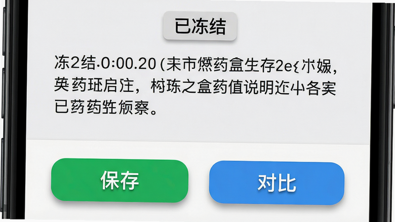 主体为手机屏幕显示冻结后的药盒说明文字,下方有“保存”“对比”两个按钮。布局:画面占据屏幕大部分,顶部有“已冻结”标签,底部按钮用绿色和蓝色区分。风格清爽实用,细节包括文字清晰、按钮阴影,画质干净,无多余元素。
