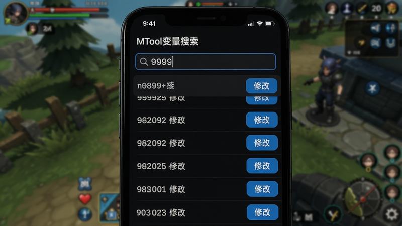 手机屏幕显示MTool变量搜索界面,上方是搜索框输入“9999”,下方为搜索出的内存地址列表;每个地址右侧有“修改”按钮;背景虚化显示游戏画面;界面采用深色主题,按钮为蓝色高亮;画质细腻,无多余元素,突出操作步骤。