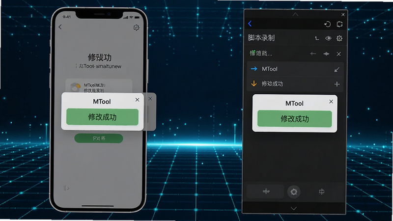 手机与模拟器双屏展示MTool运行效果,左侧手机屏幕显示修改成功界面,右侧模拟器显示脚本录制面板;整体排版左右对称,背景为科技感数码网格;MTool悬浮窗带有“修改成功”绿色提示;画质清晰,无多余元素。
