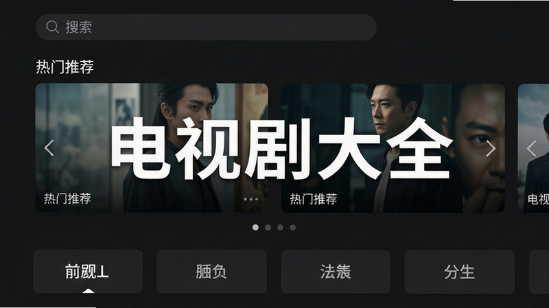 电视剧大全主界面预览图,整体采用深色主题,顶部搜索栏,中间热门推荐轮播图,下方分类导航,布局清晰,扁平化风格,画质高清,文字“电视剧大全”显眼,干净无多余元素