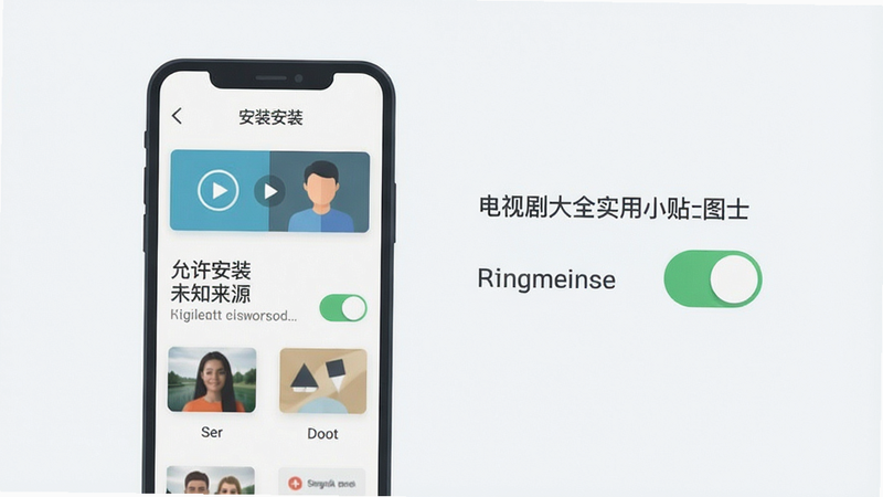 电视剧大全实用小贴士示意图,展示手机安装界面,有“允许安装未知来源”开关,简洁明了,扁平风格,干净无多余元素