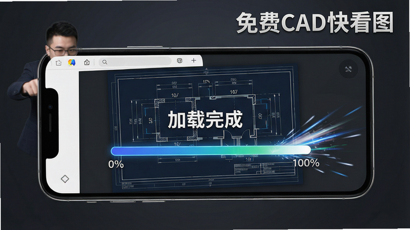 主体:一部手机屏幕显示免费CAD快看图应用正在加载一个大型图纸,进度条瞬间完成,屏幕中央出现清晰的工程图。背景为深灰色,突出加载速度。风格:动感、科技感。细节:进度条从0%到100%快速变化,周围有速度线特效。画质:高清,干净。文字:屏幕上有“加载完成”字样和“免费CAD快看图”标题。