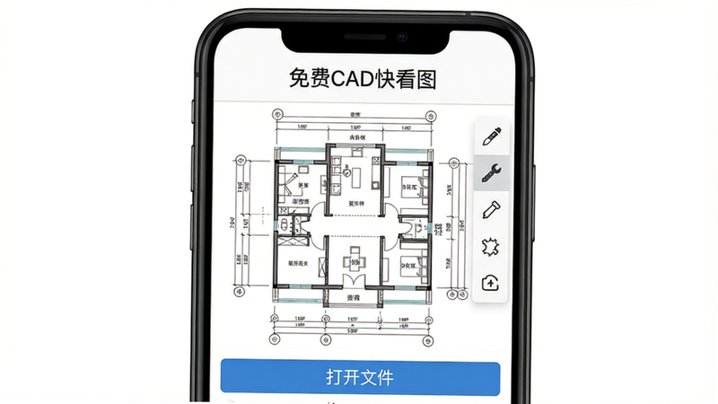 主体:一部黑色边框智能手机竖屏显示免费CAD快看图应用主界面,界面中央是一张复杂的建筑CAD平面图,包含尺寸标注、轴线、文字注释。手机右侧有一个简单的工具栏图标,底部有“打开文件”按钮。布局:手机居中,背景为纯白色,突出应用。风格:写实摄影风格,高清渲染,细节清晰。画质:4K超清,干净无多余元素。文字:屏幕上方有“免费CAD快看图”应用名称,使用简体中文。