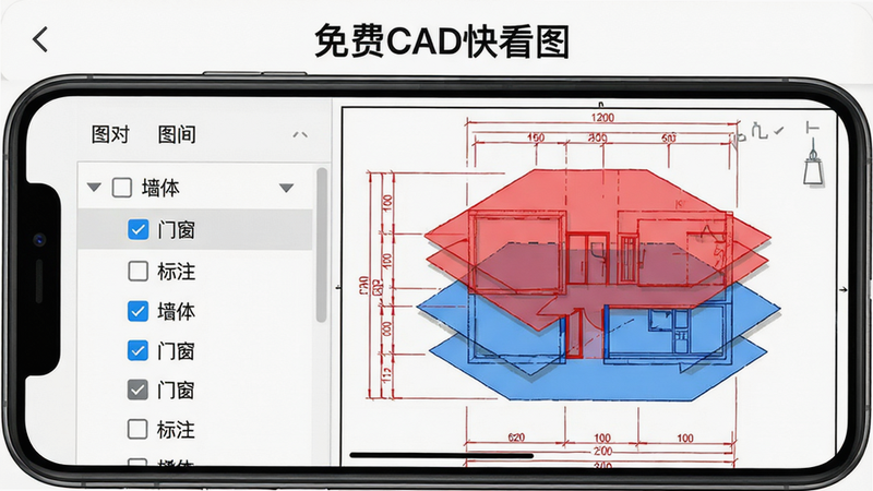 主体:手机屏幕展示免费CAD快看图应用界面,左侧显示图层列表,右侧是图纸,不同图层用不同颜色区分(如红色标注层、蓝色墙体层)。布局:分屏设计,左右比例1:3。风格:简洁清晰,UI现代化。细节:图层列表中有复选框,可勾选。文字:屏幕上方有“免费CAD快看图”字样,图层列表中有“墙体”、“门窗”、“标注”等中文标签。画质:高清,无多余元素。
