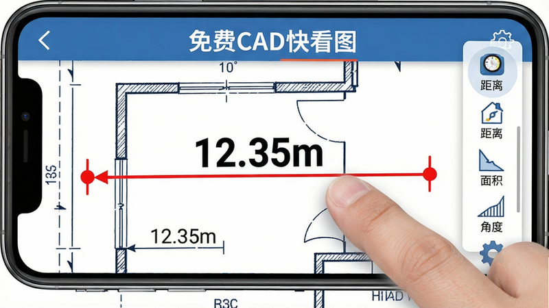 主体:手机屏幕显示免费CAD快看图应用,用户正在用手指在图纸上拖动测量一段距离,屏幕上显示红色测量线和数字“12.35m”。右侧有测量工具栏,包含距离、面积、角度等图标。布局:图纸占大部分屏幕,测量线突出。风格:交互式、直观。细节:手指虚影,测量线两端有标记点。文字:测量结果文字“12.35m”加粗显示,应用标题“免费CAD快看图”在顶部。画质:高清,干净。