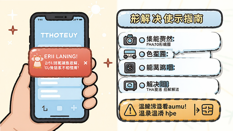 TTHotel使用指南示意图,手机屏幕显示错误提示信息,旁边有解决方法列表,风格简洁,卡通风格,温馨提示,画质清晰
