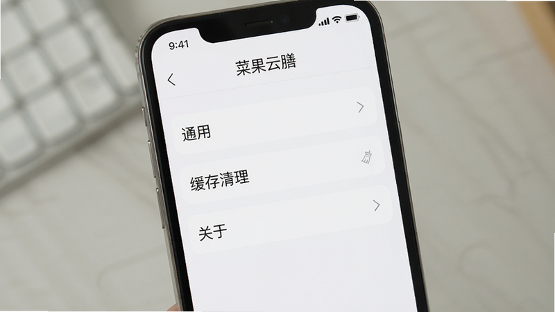 主体:手机屏幕显示菜果云膳APP设置界面,布局:有“通用”、“缓存清理”、“关于”等选项,排版:列表式,风格:简洁,细节:顶部有“菜果云膳”标题,画质:高清、干净、无多余元素