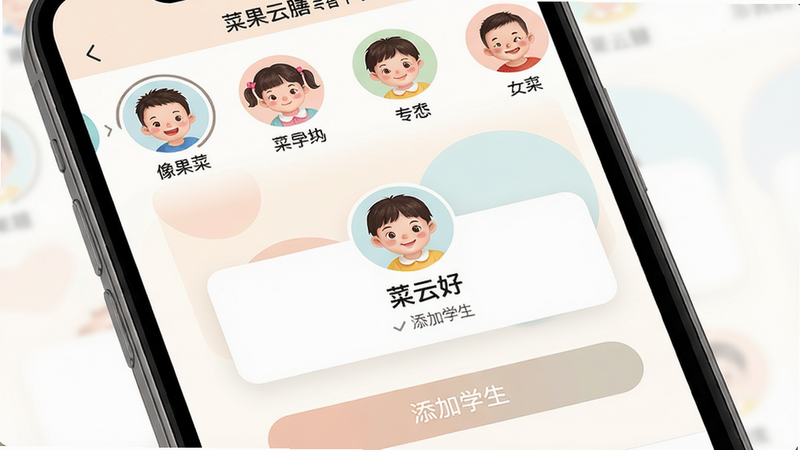 主体:手机屏幕显示菜果云膳APP的多孩管理界面,布局:上方有多个孩子头像可滑动选择,中央显示当前孩子的信息卡片,排版:头像横向排列,卡片居中,风格:简洁、色彩柔和,细节:每个头像下方有孩子姓名,屏幕底部有“添加学生”按钮,画质:高清、干净、无多余元素,文字包括“菜果云膳”和“添加学生”