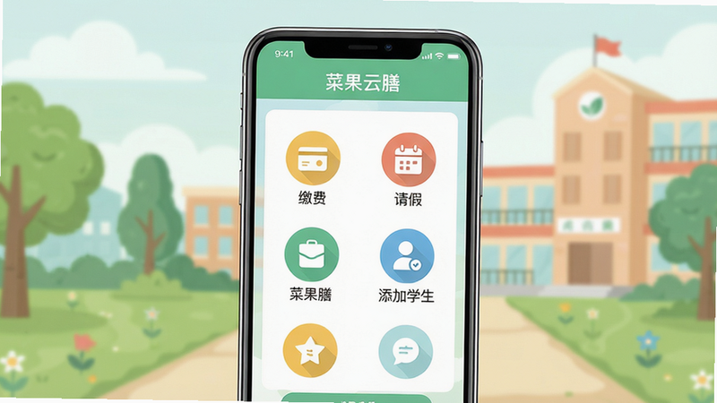 主体:手机屏幕展示菜果云膳APP界面,布局:中央显示家长操作主界面,包含“缴费”、“请假”、“添加学生”等图标,排版:图标排列整齐,背景为柔和校园风格,风格:扁平化、清新、明亮,细节:手机边缘有光影,屏幕内文字清晰可见“菜果云膳”字样,画质:高清、干净、无多余元素