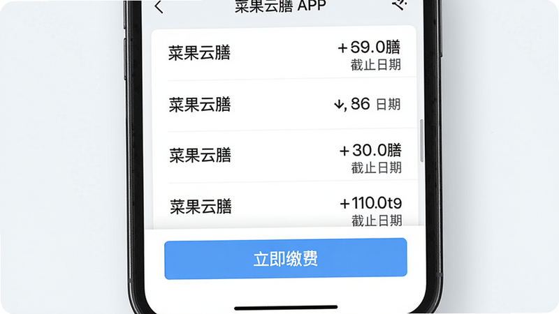 主体:手机屏幕显示菜果云膳APP缴费界面,布局:中央显示待缴费账单列表,有金额和截止日期,底部有“立即缴费”按钮,排版:列表式,风格:商务简洁,细节:账单项目有“菜果云膳”字样,画质:高清、干净、无多余元素