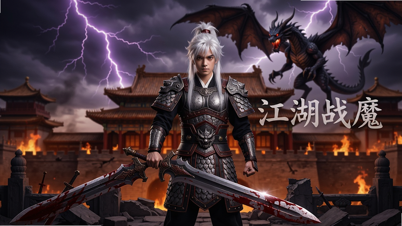 主体为一名白发少年手持血色巨剑站立于破碎的城楼之上,身后是燃烧的宫殿与黑暗魔龙,天空炸裂出紫色闪电,整体布局采用中心对称,人物居画面正中央,风格为写实国风混合暗黑幻想,细节上铠甲纹理清晰、剑刃有血迹反光,画质为8K超清,人物右侧浮现半透明文字“江湖战魔”,画面干净无多余元素,背景充满张力。
