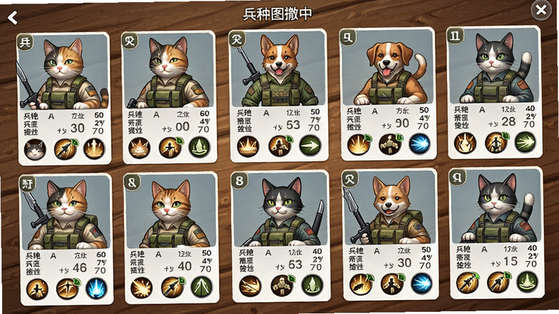 一张兵种图鉴界面,展示猫狗搜打撤中多个兵种卡片,每张卡片有立绘、属性数值和技能图标,排列整齐,背景为木质桌面,风格简洁清晰,画质高清,无多余装饰。