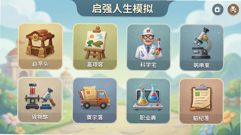 启强人生模拟游戏画面,展示多种职业选择界面,图标排列整齐,有商人、画家、科学家等,背景柔和,风格清新,画质高清
