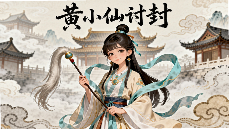 主体是黄小仙角色站在云端,手持拂尘,面带微笑,背景是仙雾缭绕的宫殿,布局中央,排版采用手绘国风,细节包括飘带和祥云,画质高清细腻,干净无多余元素,顶部有毛笔字书写“黄小仙讨封”
