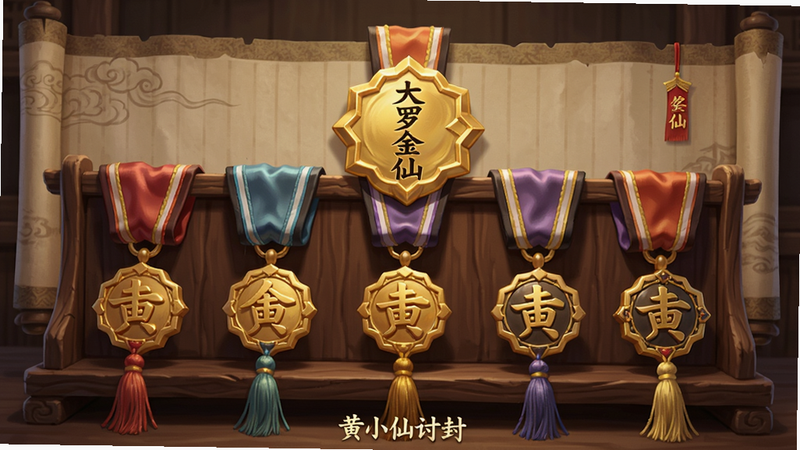 主体是一排封号奖章陈列在木架上,从低到高依次排列,最顶端是金色“大罗金仙”奖章,布局整齐,排版采用古风卷轴背景,细节有绸缎和流苏,画质精致干净,无多余元素,底部有“黄小仙讨封”水印
