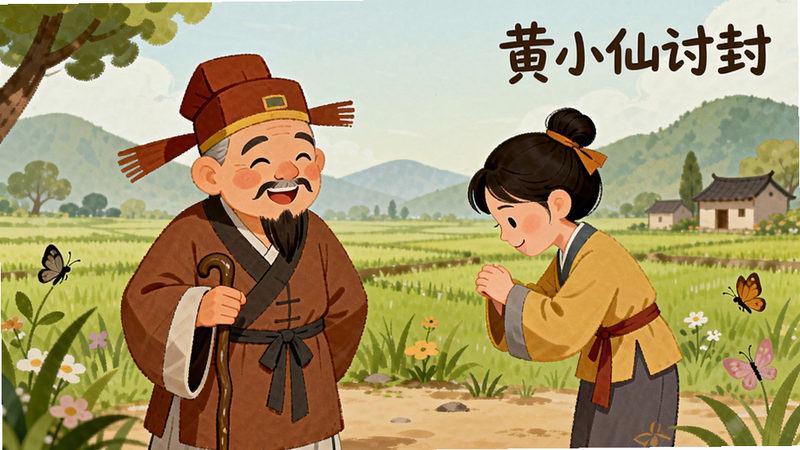 主体是黄小仙与土地公对话场景,土地公拄着拐杖笑眯眯,黄小仙作揖行礼,背景是田园风光,布局两人面对面,排版采用绘本风格,细节有草丛和蝴蝶,画质柔和干净,无多余元素,右上角有“黄小仙讨封”字样