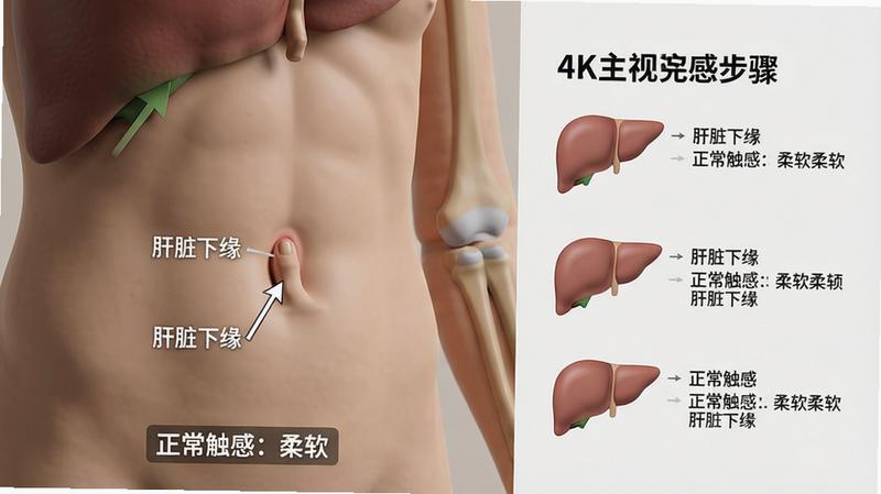 主体:3D人体模型腹部区域放大视图,显示肝脏边缘触诊动画;布局:左侧为模型局部特写,右侧为文字说明与步骤图;排版:左右分栏,模型占70%;风格:医学仿真渲染,光线柔和;细节:模型上标有“肝脏下缘”箭头,底部有“正常触感:柔软”标注;画质:4K清晰,无多余元素
