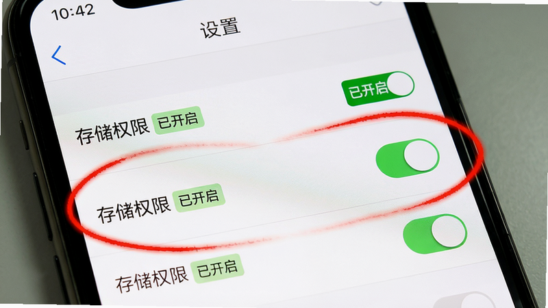 主体:手机界面显示“设置”页面,高亮“存储权限”开关;布局:列表式,权限选项逐行排列;排版:白色背景,红色圆圈标注;风格:手机截屏风格;细节:权限名称后带“已开启”绿色标签;画质:高清,无多余元素