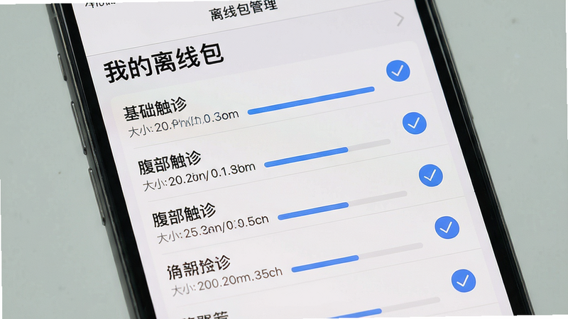 主体:手机屏幕显示“离线包管理”界面,已下载列表;布局:列表式,每个项目有勾选状态;排版:顶部标题“我的离线包”,下方为“基础触诊”“腹部触诊”等条目;风格:简洁iOS风格,灰色背景;细节:每个条目显示大小和下载进度条;画质:干净,无多余元素